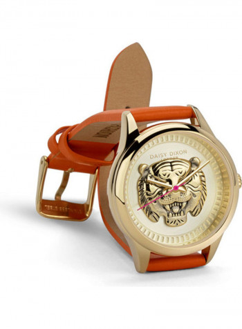 Women's Orange Leather Strap Watch With Gold 3D Tiger Dial