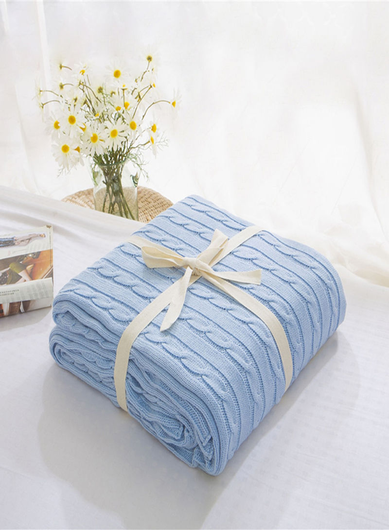 Cable Knit Solid Color Throw Blanket Cotton Blue 180x200centimeter