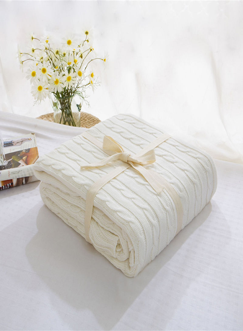 Cable Knit Solid Color Throw Blanket Cotton White 180x200centimeter