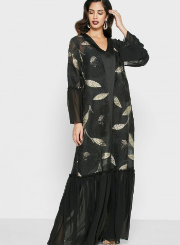Printed Ruffle Hem Maxi Dress Black/Gold