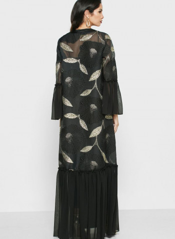 Printed Ruffle Hem Maxi Dress Black/Gold