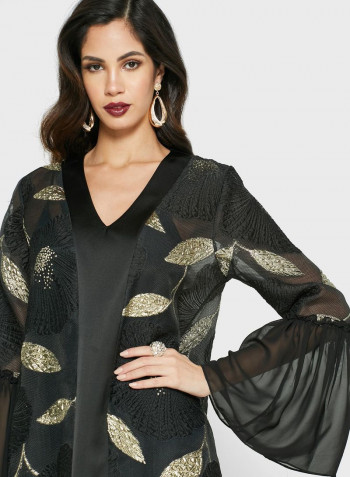Printed Ruffle Hem Maxi Dress Black/Gold