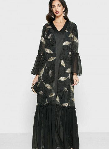 Printed Ruffle Hem Maxi Dress Black/Gold