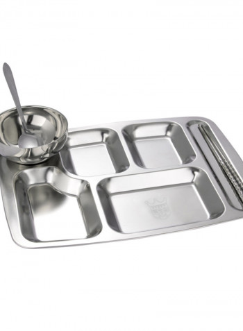 Stainless Steel 6 Sections Segmented Meal Tray Silver 36cm