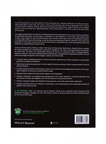 Culture Of Animal Cells: A Manual Of Basic Technique And Specialized Applications Hardcover 7