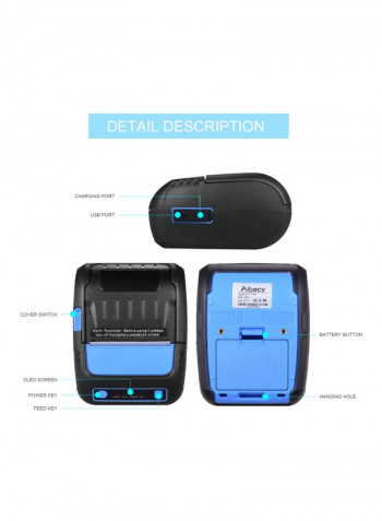 Portable Thermal Receipt Printer 11.5x6x9centimeter Black/Blue
