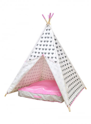 خيمة Teepee من القطن وقماش الكانفاس ذات 4 جدران بتصميم قلب أبيض-وردي 110x110x162سم