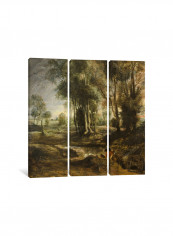 3-Piece Evening Landscape With Timber Wagon Canvas Painting Set Multicolour 150x150x3.5centimeter