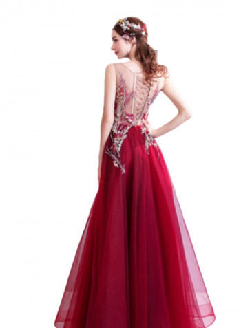 Embroidered Silver Leaves Evening Dress Red