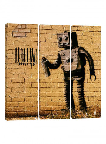 3-Piece Canvas Print Banksy Coney Island Barcode Robot Yellow Wall Art Multicolour 150 x 150 x 3.5centimeter