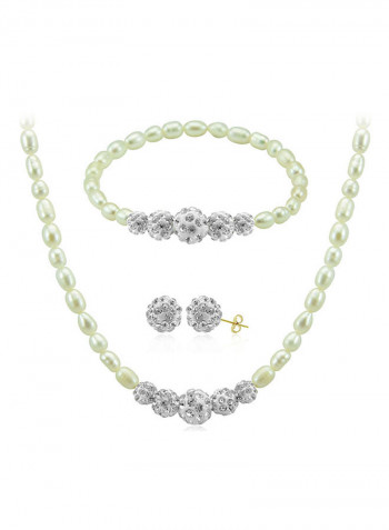 10K Gradual Crystal Balls And Pearls Strand Jewellery Set
