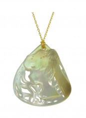 18 Karat Gold Lady Face Drop Shape Mother Of Pearl Pendant Necklace