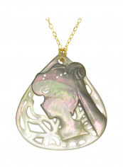 18 Karat Gold Lady Face Drop Shape Mother Of Pearl Pendant Necklace