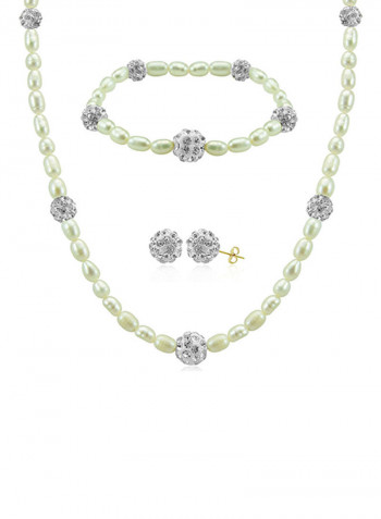 18K Gradual Crystal Balls And Pearls Strand Jewellery Set