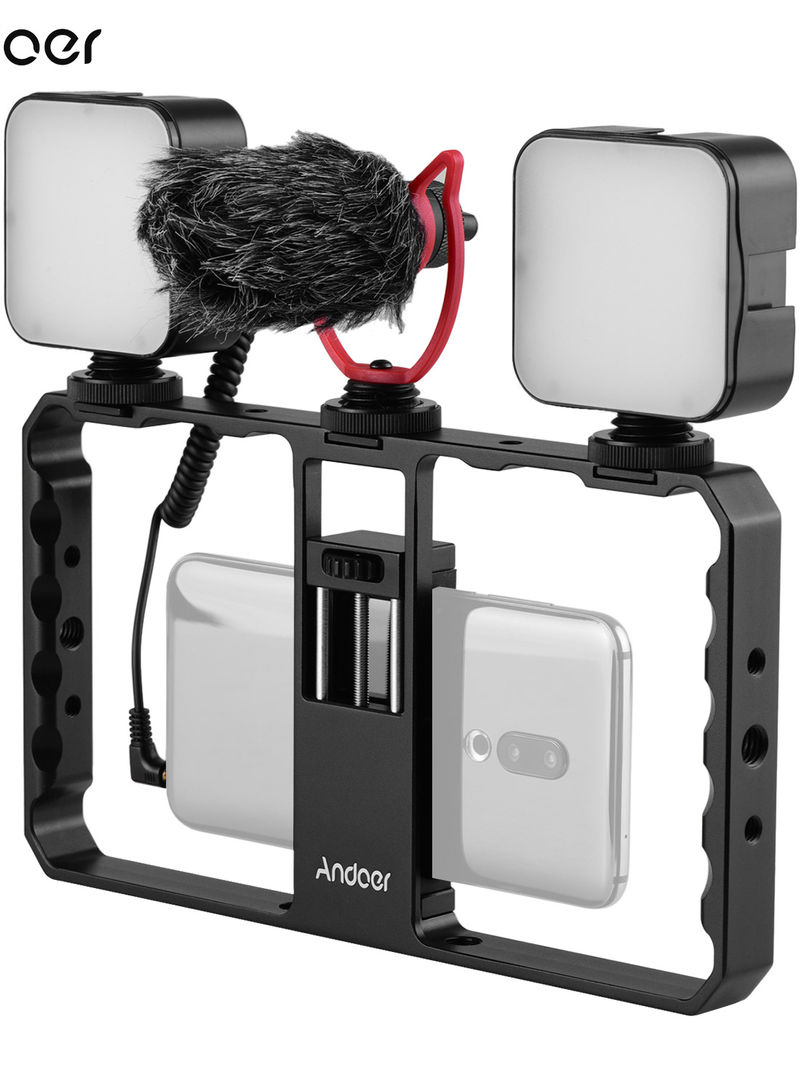 Smartphone Video Rig Grip With Dual LED Light Microphone And Shock Mount Black