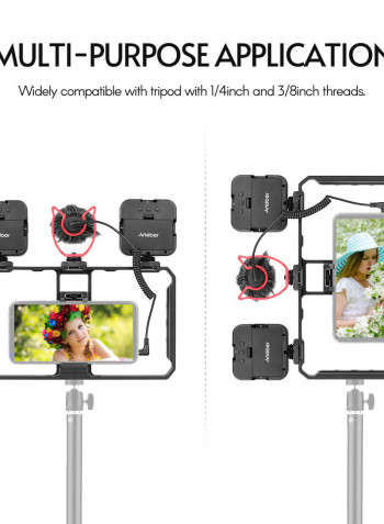 Smartphone Video Rig Grip With Dual LED Light Microphone And Shock Mount Black