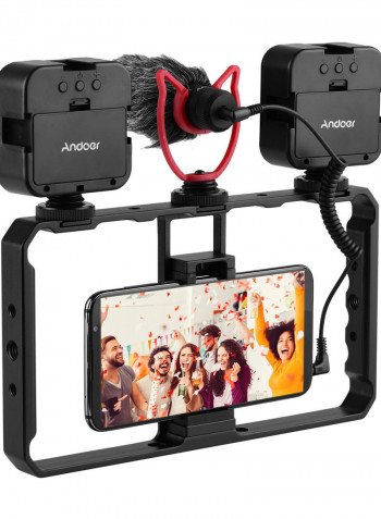 Smartphone Video Rig Grip With Dual LED Light Microphone And Shock Mount Black