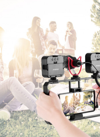 Smartphone Video Rig Grip With Dual LED Light Microphone And Shock Mount Black