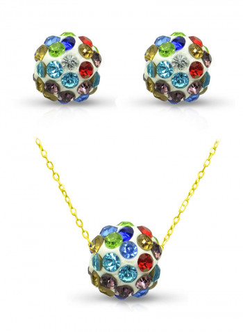 18 Karat Solid Yellow Gold Simple 10 mm Crystal Ball Earrings With Pendant Necklace