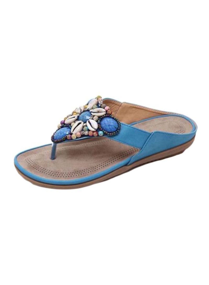 Beaded Slip-On Flat Sandals Blue