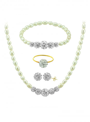 10 Karat Gold Gradual Crystal Balls And Pearls Strand 4 Piece Jewellery Set