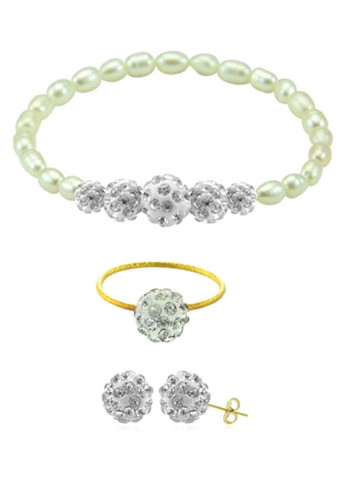 10 Karat Gold Gradual Crystal Balls And Pearls Strand 4 Piece Jewellery Set