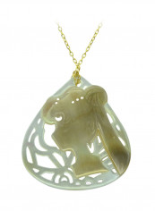 18 Karat Gold Lady Face Drop Shape Mother Of Pearl Pendant Necklace