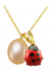 18 Karat Solid Gold And Pearl Beetle Pendant Necklace