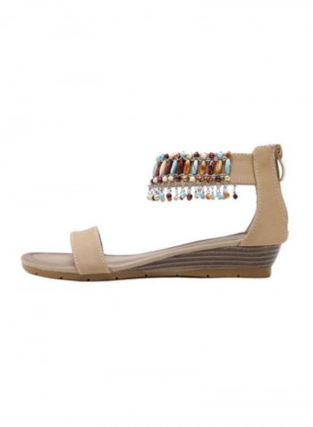 Beaded Wedge Sandals Beige