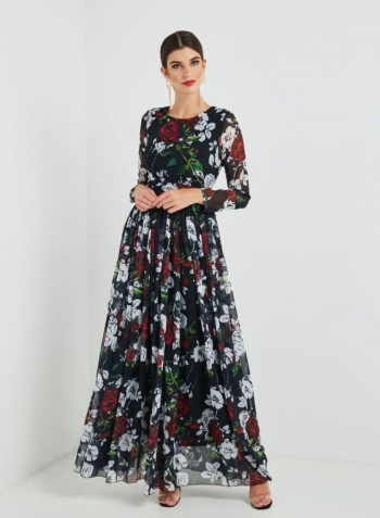 Floral Printed Maxi Dress Black/White/Red