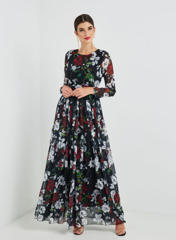 Floral Printed Maxi Dress Black/White/Red