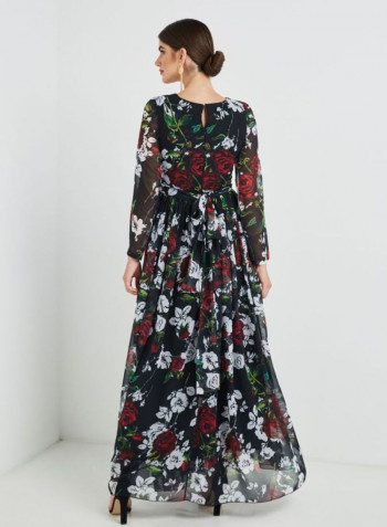 Floral Printed Maxi Dress Black/White/Red