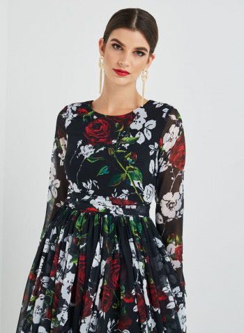 Floral Printed Maxi Dress Black/White/Red