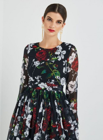 Floral Printed Maxi Dress Black/White/Red