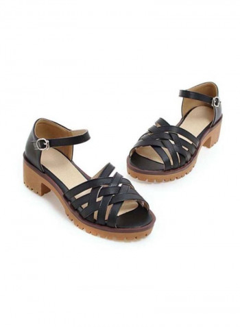 Leather Block Heels Sandals Black