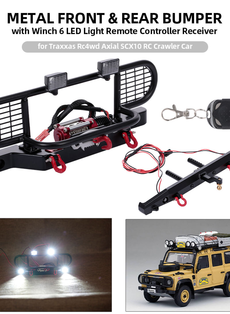 Metal Front And Rear Bumper With Winch 6 LED Light Remote Controller Receiver for Traxxas RC4WD Axial SCX10 RC Crawler Car 22 X 10 X 12cm