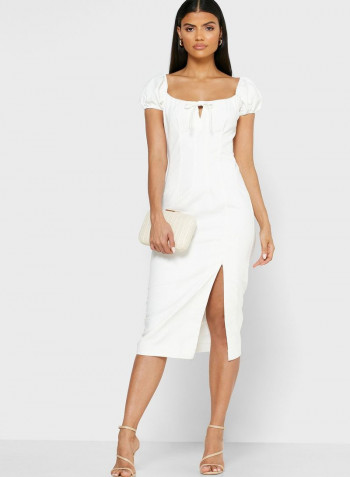 Tutti Frutti Side Slit Puff Sleeve Dress White