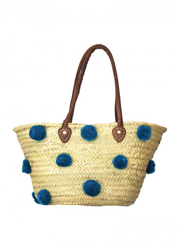 All Pompom Basket Tote Bag Blue/Brown