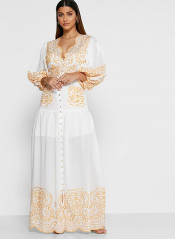 Scallop Neck Button Down Dress White/Yellow