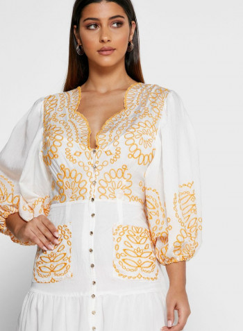 Scallop Neck Button Down Dress White/Yellow