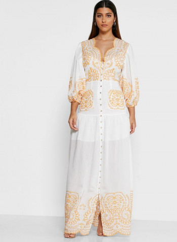 Scallop Neck Button Down Dress White/Yellow