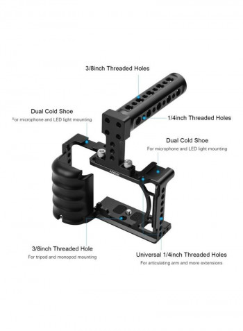 Video Camera Cage with Handle Grip Cold Shoe Mount Black