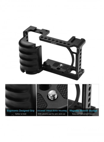Video Camera Cage with Handle Grip Cold Shoe Mount Black