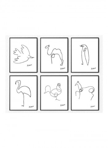 6-Piece Picasso Animal Line Drawing Themed Framed Poster Set White/Black 21x30cm