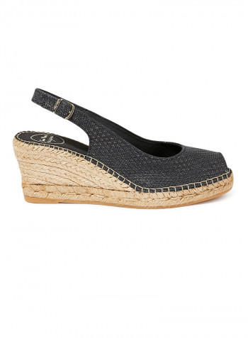 Leather Pin Buckle Closure Wedge Espadrilles Black(Negre)