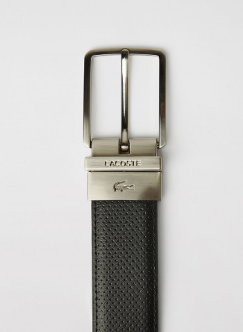Engraved Buckle Reversible Leather Belt Black