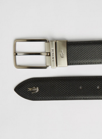 Engraved Buckle Reversible Leather Belt Black