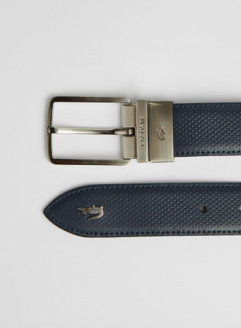 Engraved Buckle Reversible Leather Belt Blue