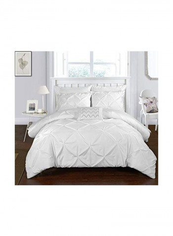 4-Piece Ruffled And Pleated Microfiber Duvet Cover Set White Queen Duvet