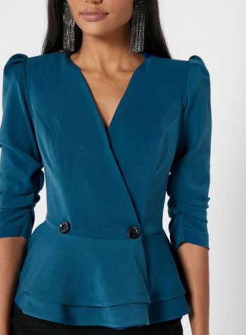 Button Detailed Peplum Blazer Blue